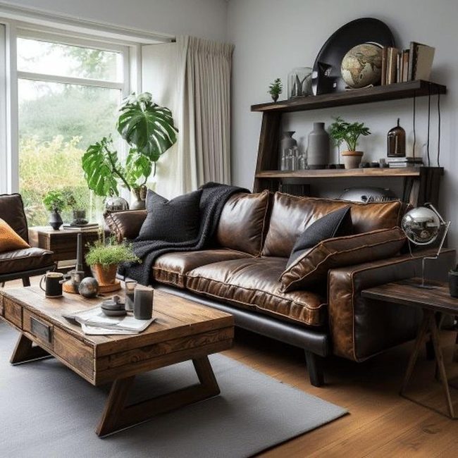 Brown Leather Sofa With Living Greenery