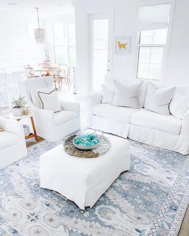 Aqua Rug Anchors Modern Living Room