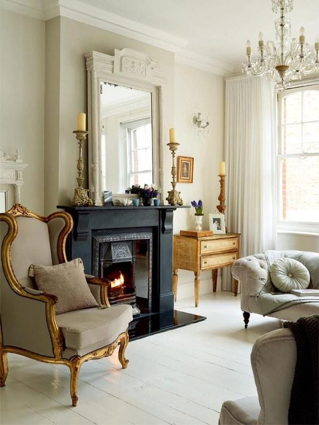 Gold-Trimmed Elegance Meets Black Fireplace