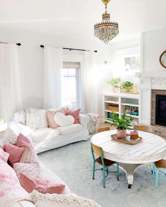 Chandelier Sparkles Over Soft White Boho