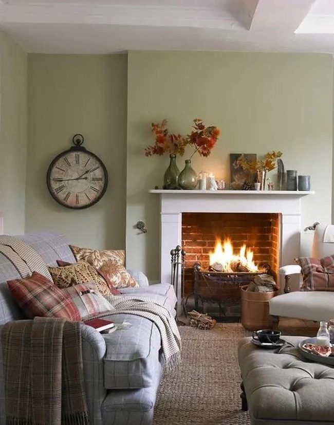 White Fireplace, Soft Green Walls