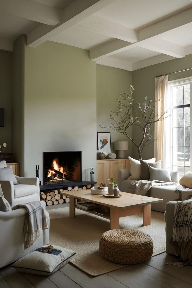 Muted Green Walls With Working Fireplace
