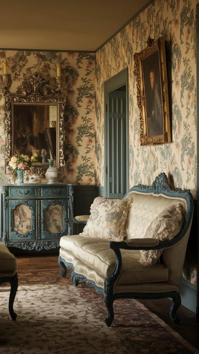 Floral Walls With Deep Blue Furniture