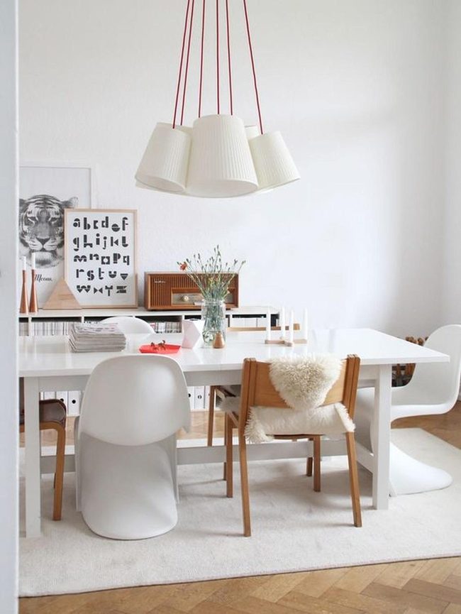 Red Pendant Lights Over Wooden Floors
