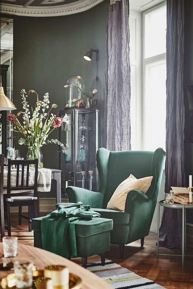 Dark Green Armchairs, Wooden Warmth