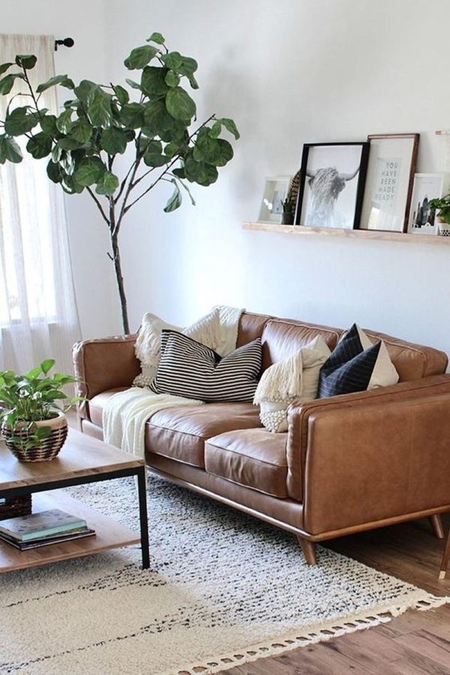 Warm Leather Anchors Neutral Living Room