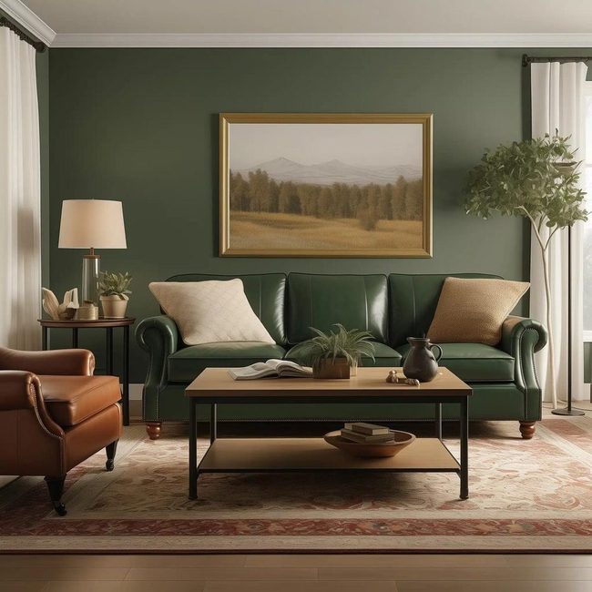 Hunter Green Leather Roll-Arm Sofa