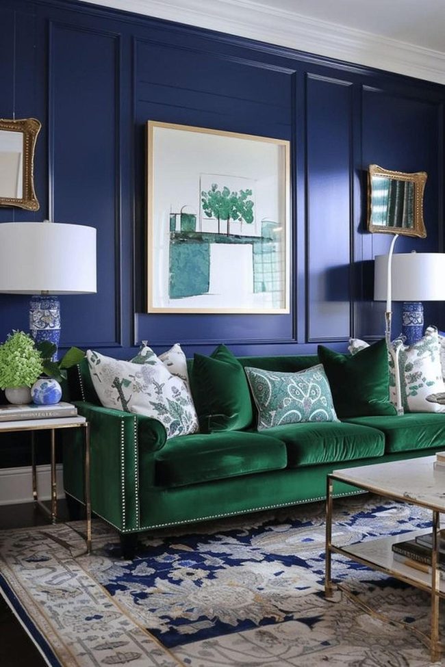 Green Velvet Sofa Meets Deep Blue