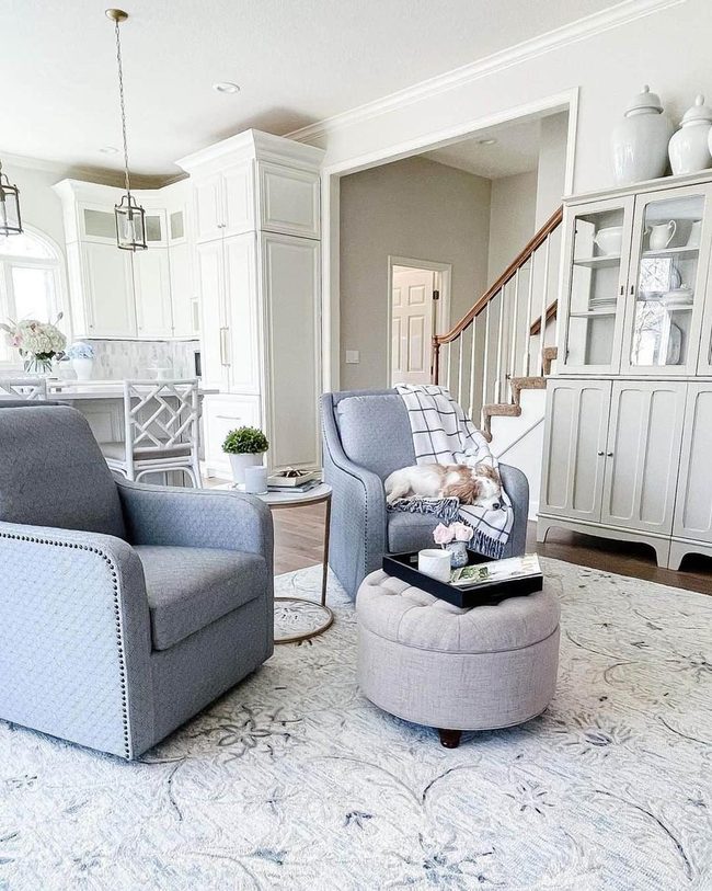 Bright White Kitchen Meets Blue Pattern Rug