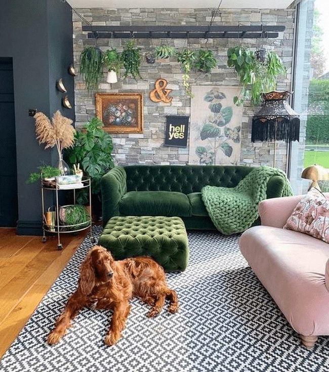 Green Velvet Couch Statement Living Room