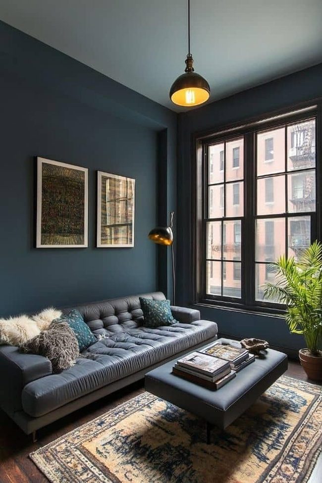Navy Walls With Industrial Pendant Lighting