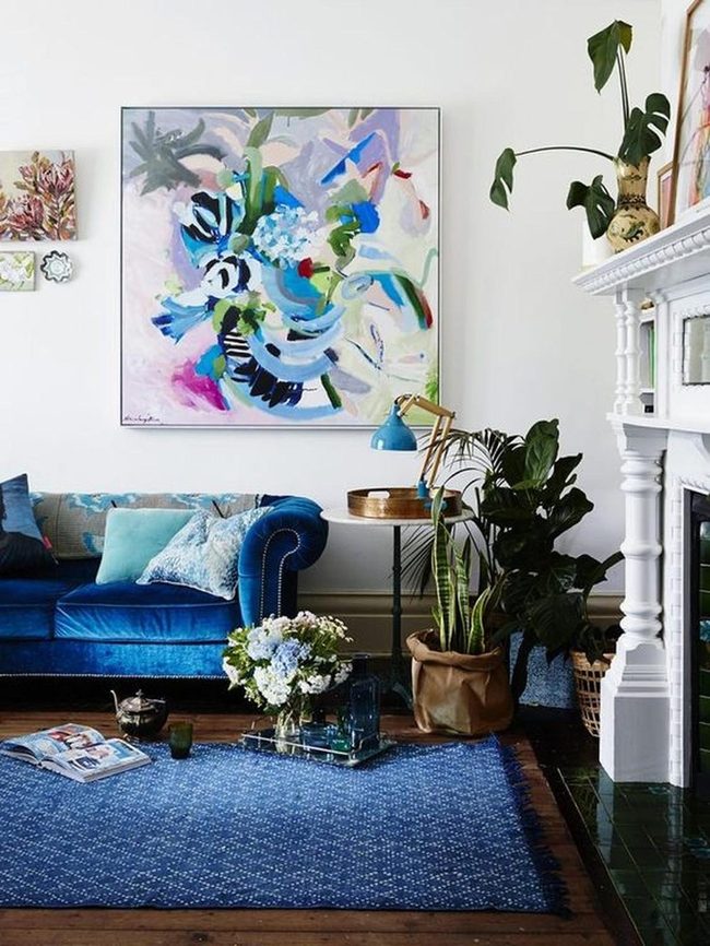 Deep Blue Velvet Sofa Fireplace