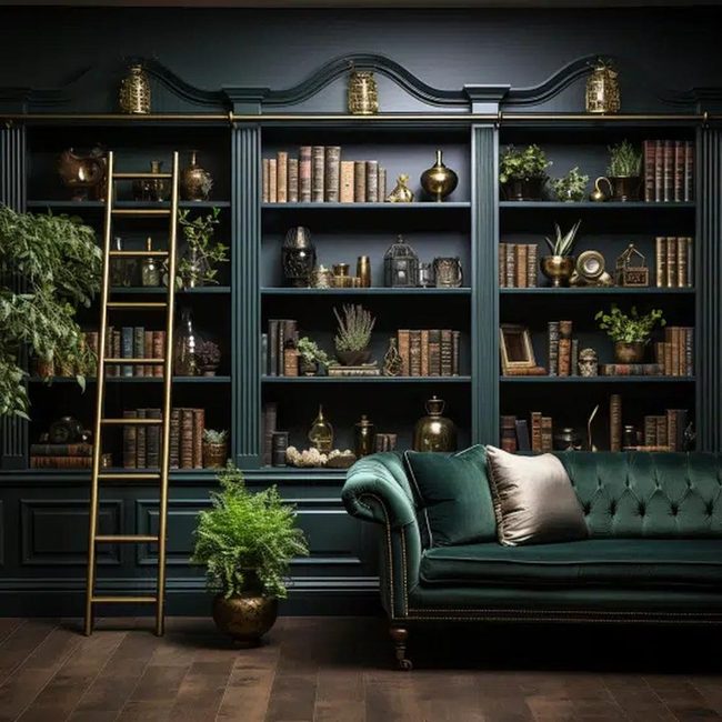 Emerald Bookshelf With Golden Accents