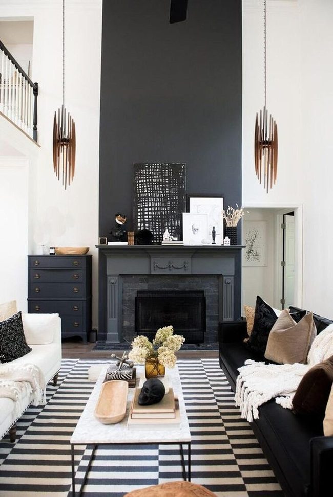 Black Fireplace, Warm Wood Lighting