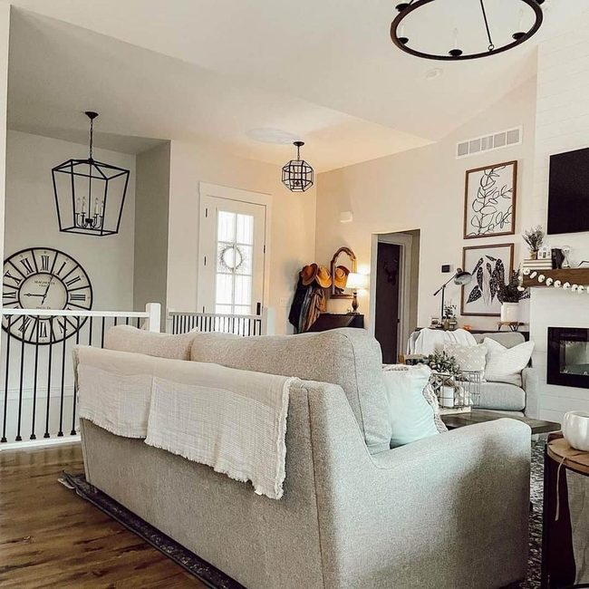 Gray Plush Seating With Wood Warmth
