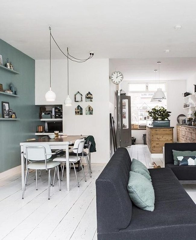 Soft Green Walls Connect Living Spaces