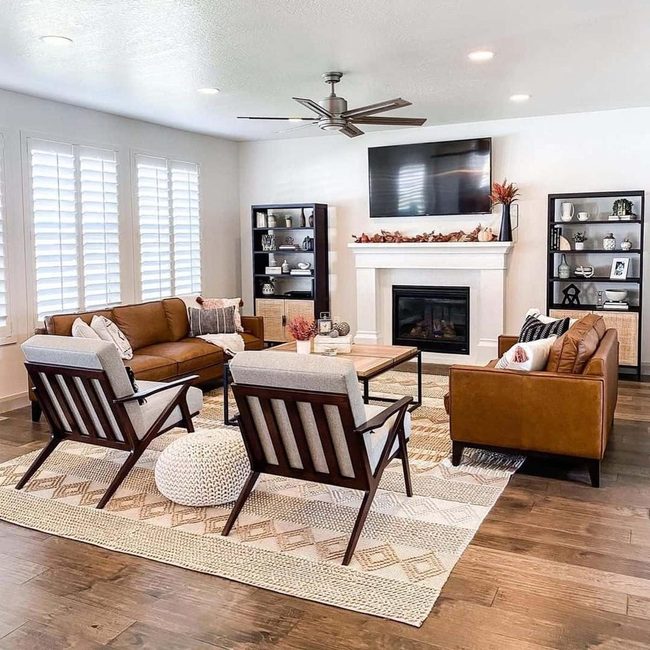 White Fireplace With Cane Storage Shelves