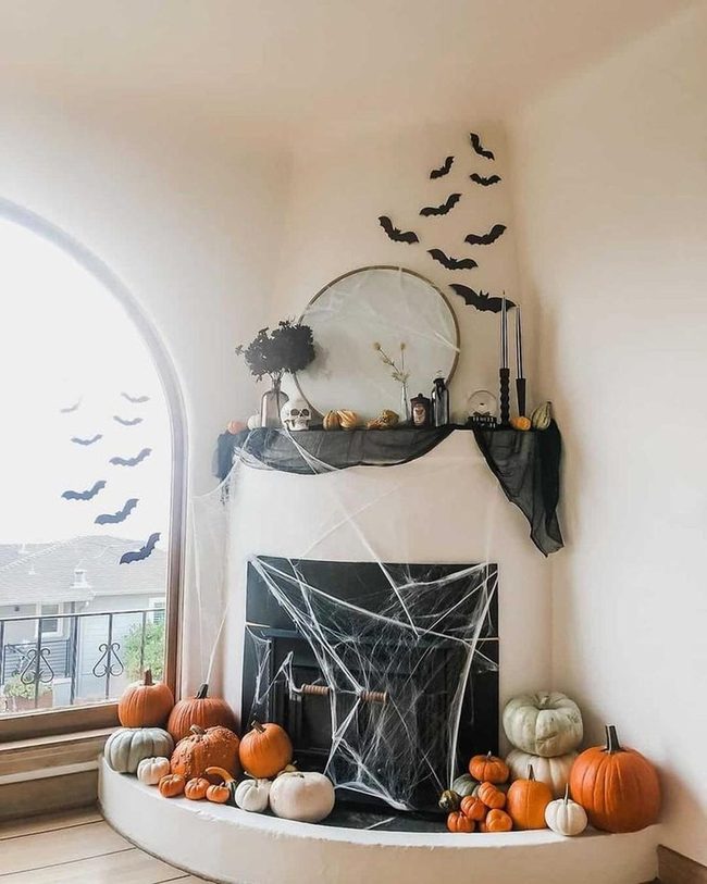 Black Bats Pumpkin Fireplace Scene