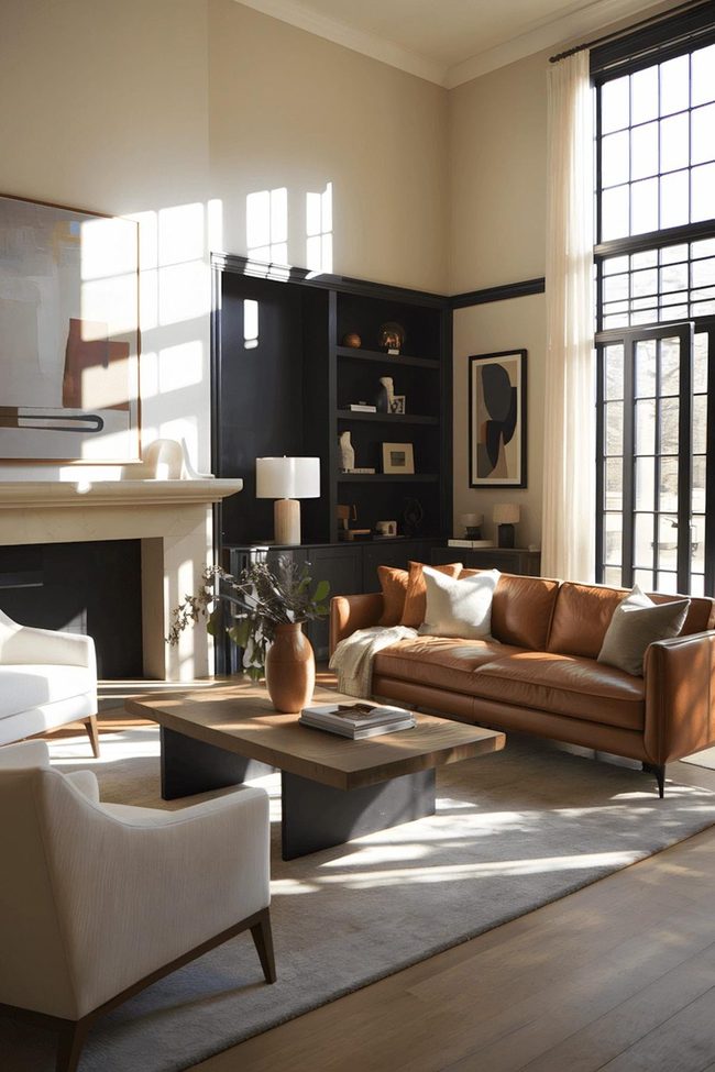 Brown Leather Sofa With Natural Oak Accents