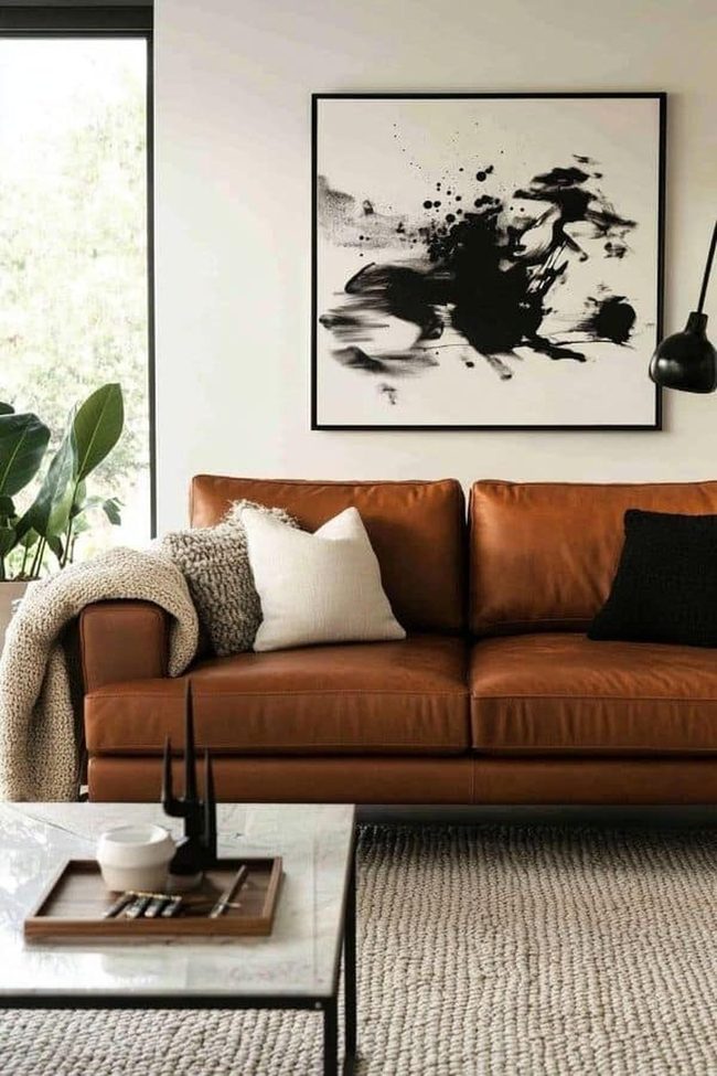 Brown Leather Sofa Monochrome Accent