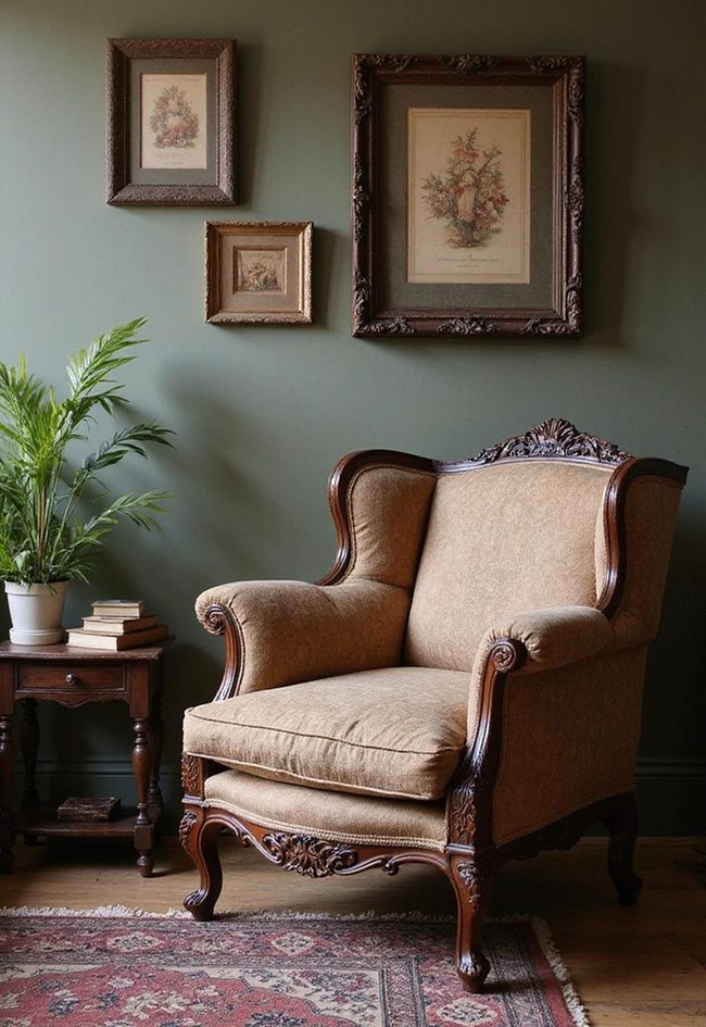 Ornate Oak Furniture Against Dark Walls