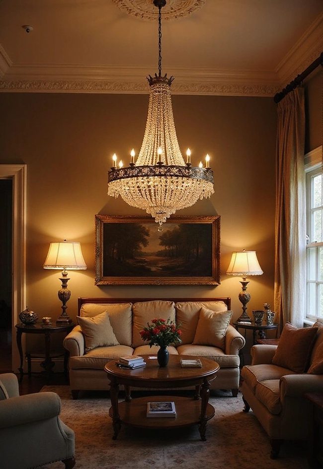 Ornate Chandeliers Define Living Room Atmosphere