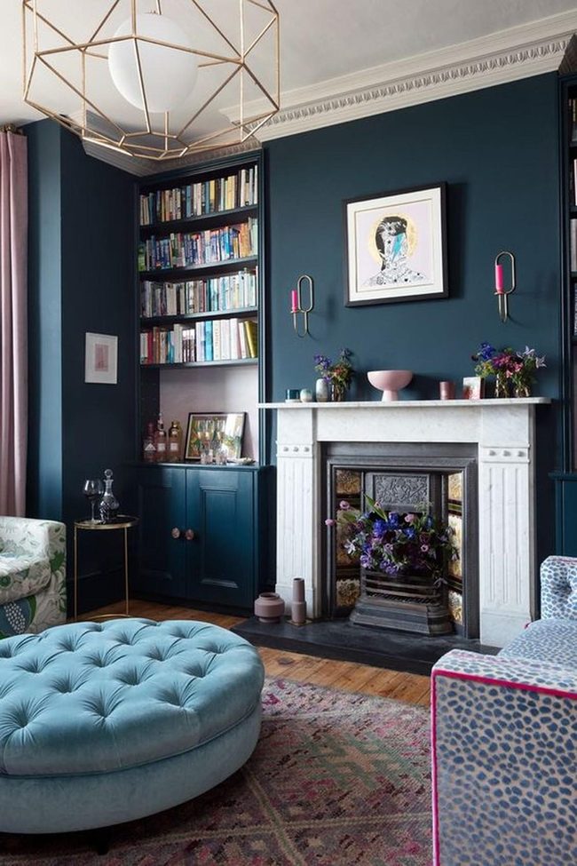 Deep Blue Walls, Marble Fireplace Statement