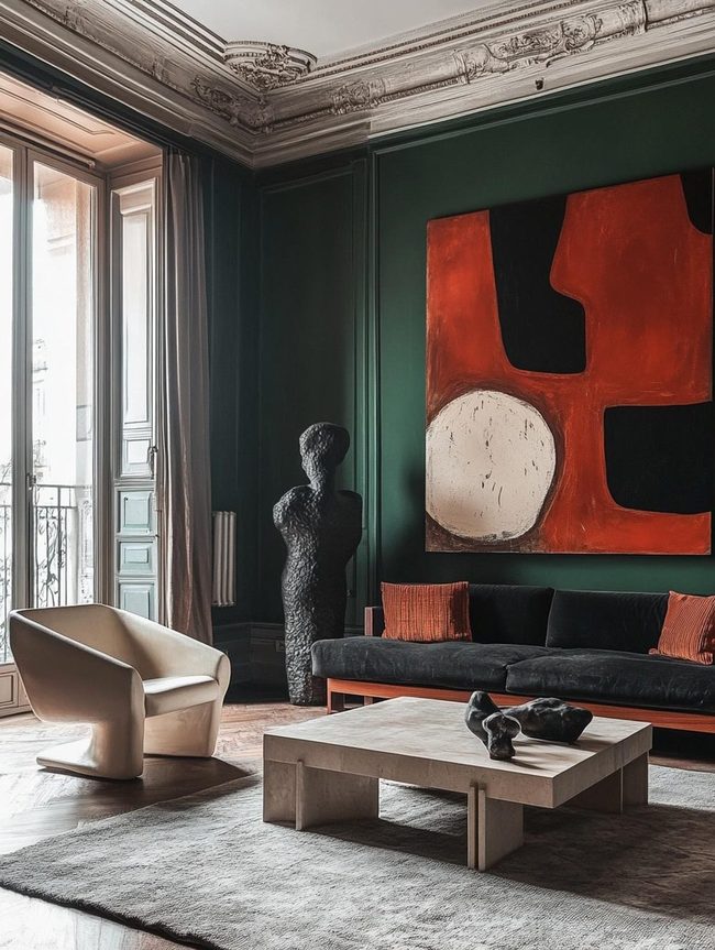 Dark Green Statement Wall with Oversized Art