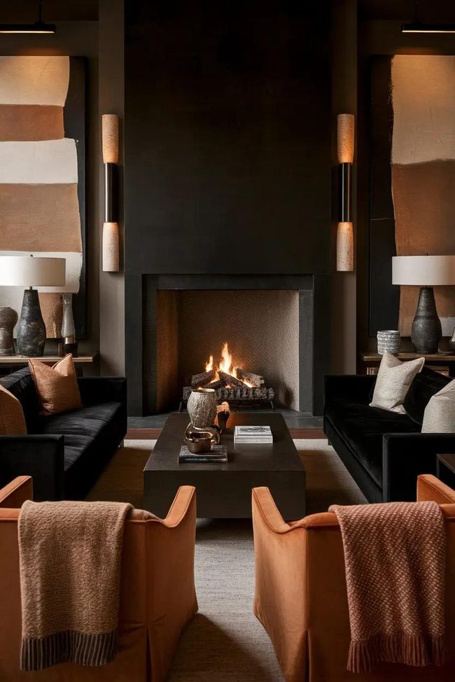 Black Sofas Frame Fireplace