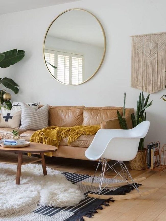 Round Mirror Brightens Mustard Accents