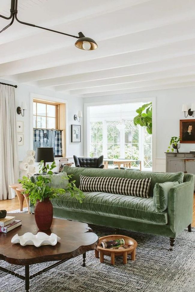 Green Velvet Sofa Sunlit Space