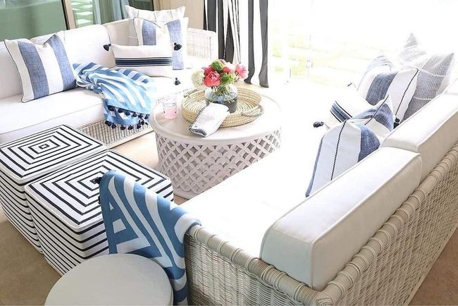 White Lattice Patio With Striped Accents
