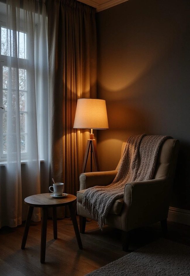Dark Room Reading Corner With Subtle Lighting