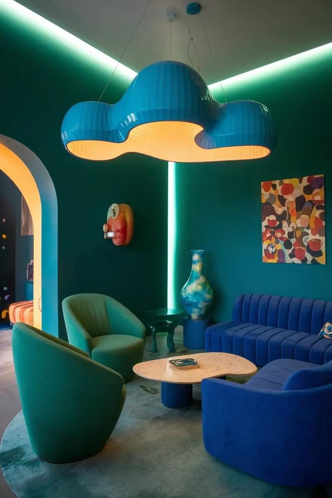 Blue Statement Fixture Forest Green Walls