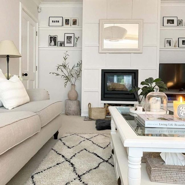White Walls, Black Rug, Beige Sofa