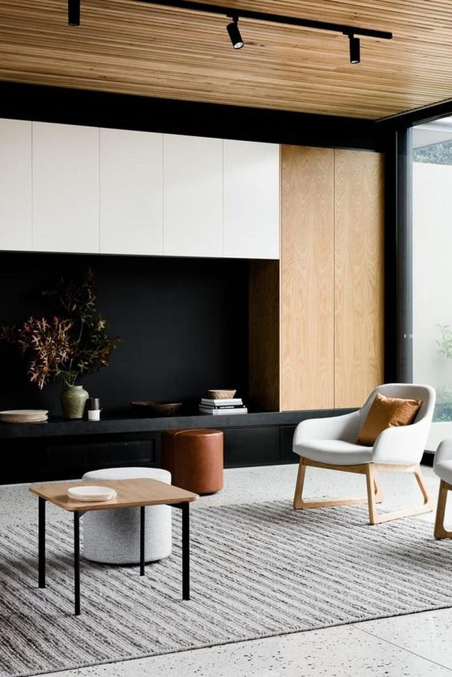 Black Walls With Natural Wood Warmth