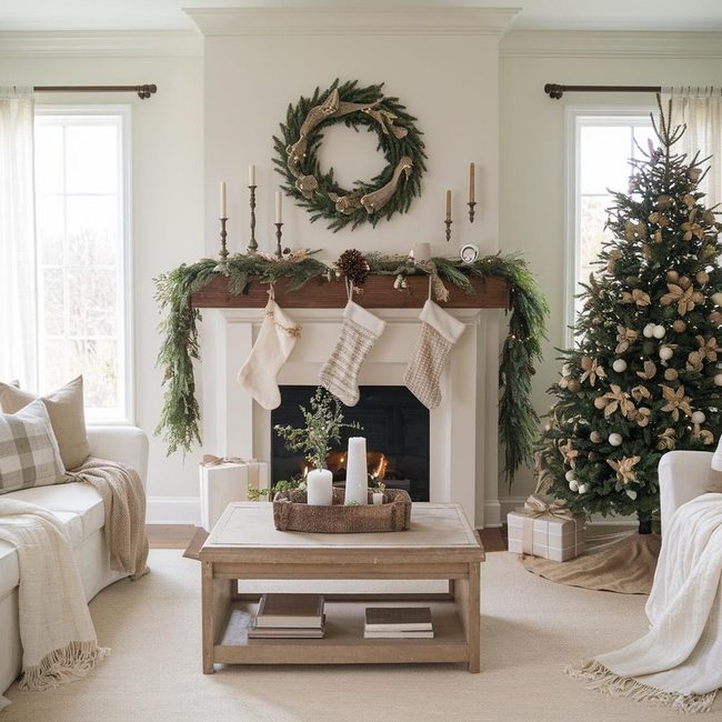 Burlap-Wrapped Tree and Rustic Timber Warmth