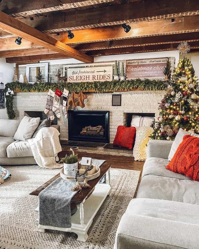 Exposed Brick Fireplace Meets Red Accents