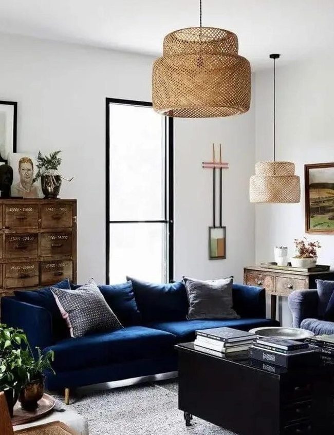 Deep Blue Sofa Anchors Light-Filled Room