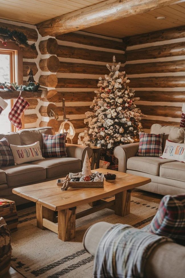 Snow-Flocked Tree Red Plaid