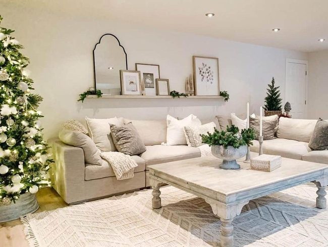 Lit Tree Anchors Neutral Living Space