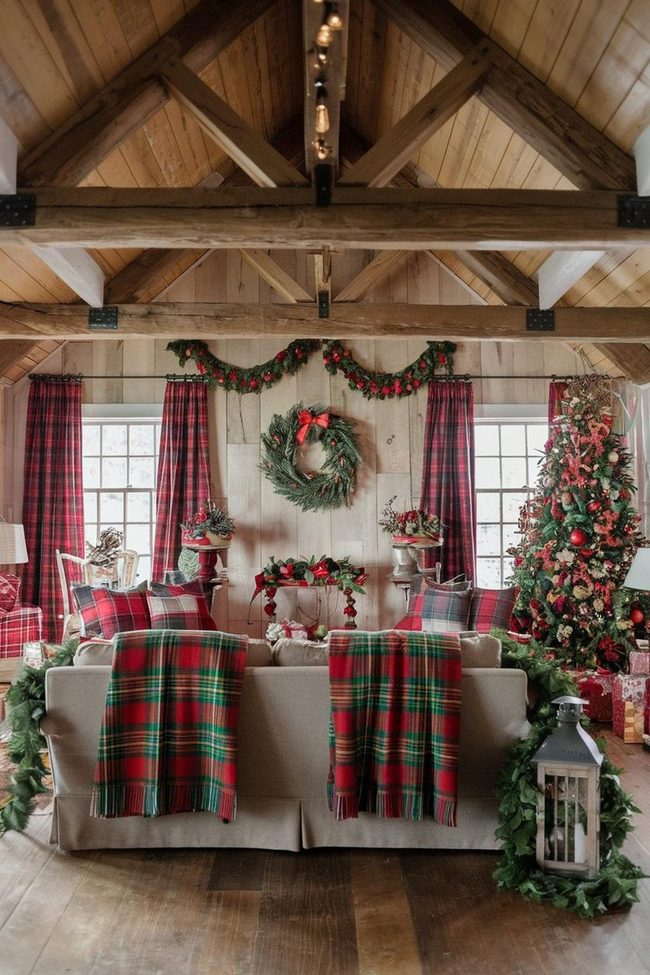 Red Tartan Sitting Area with Wooden Beams