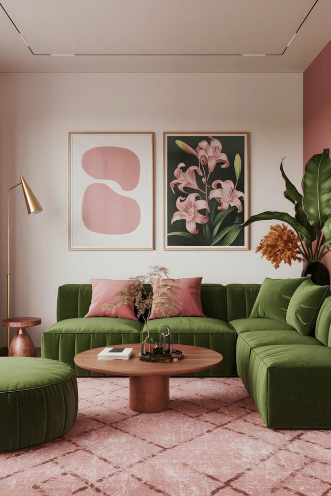 Deep Green Sofa Pink Art Gold Accents