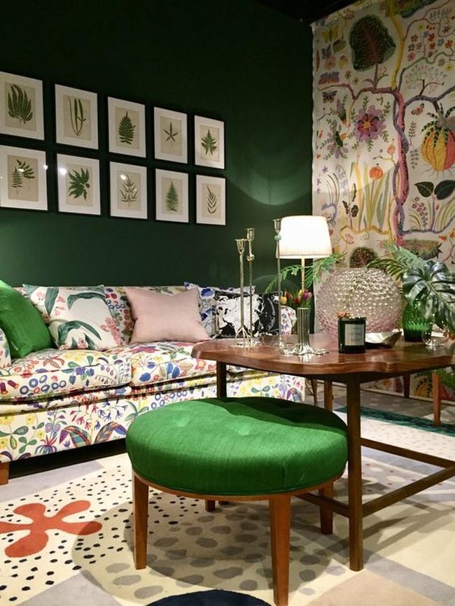 Deep Green Walls Meet Floral Mural