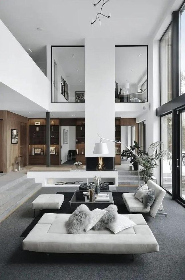 White Walls Gray Carpet Fireplace