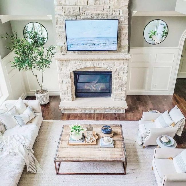 Beige Stone Fireplace Two Story