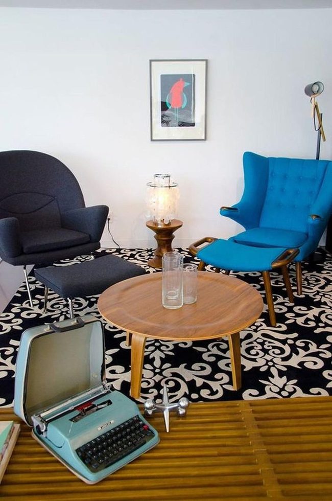 Blue Chair, Gray Counterpart, Wooden Warmth