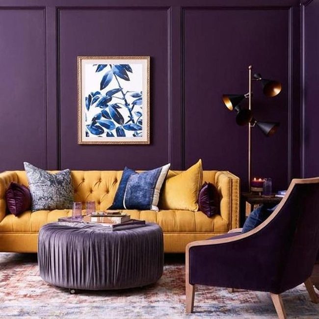 Mustard Sofa Meets Deep Purple Walls