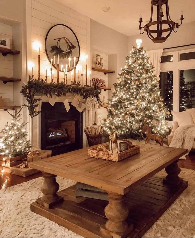 Shiplap Fireplace With Warm Wood Shelving