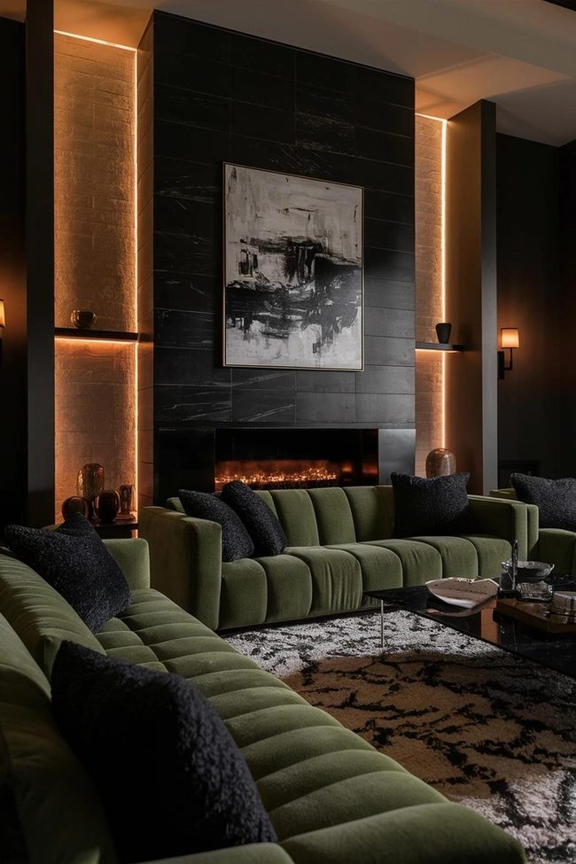 Green Sofa Meets Graphic Black And White